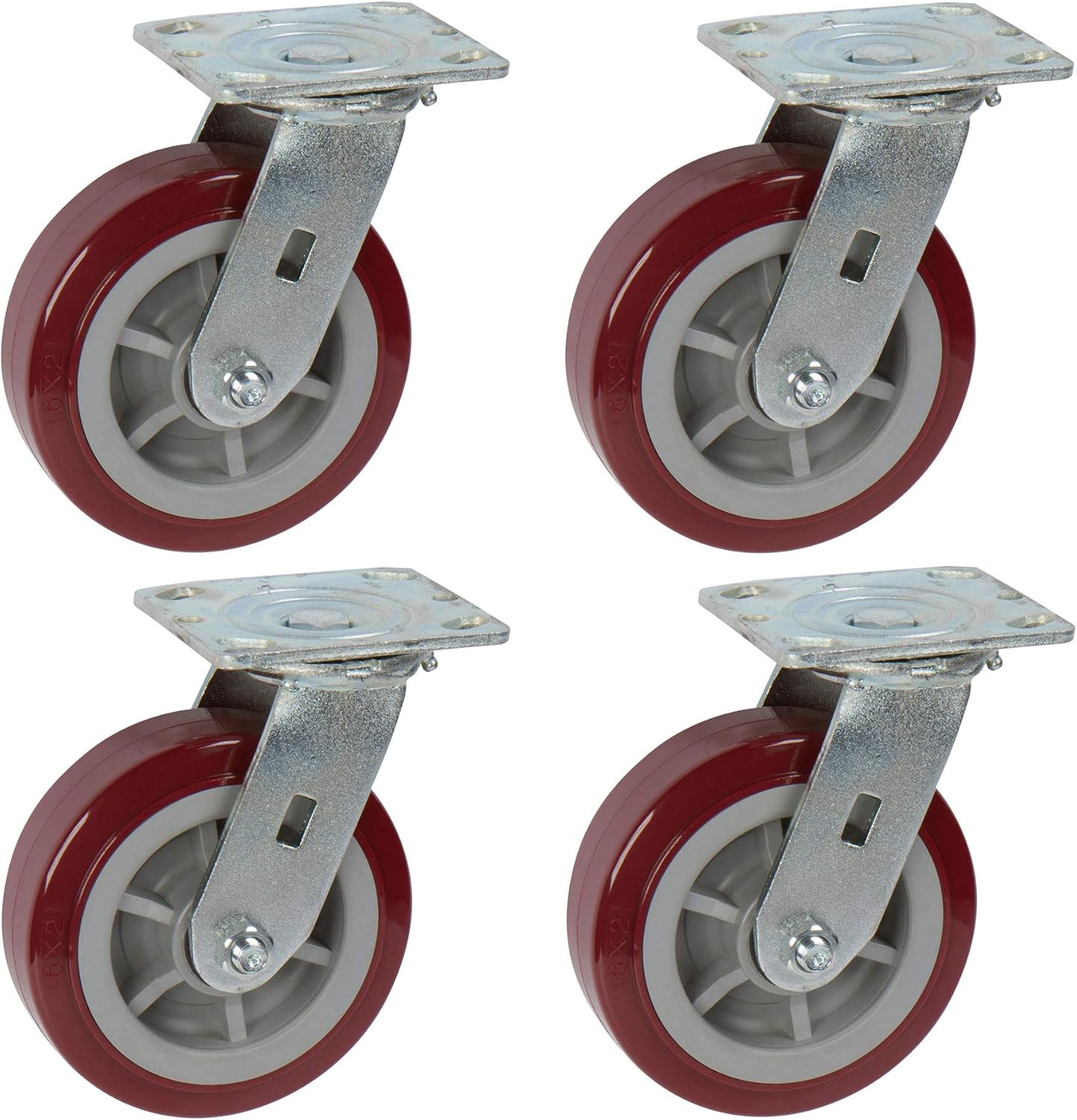 ICON CASTER WHEELS 6" x 2" PRO Heavy Duty Industrial Casters, Top Plate 4" x 4.5", Maroon, 4 Swivel, Non-Marking Pro-Tech Polyurethane Wheel, Load Capacity 3600 lbs. per Set (4-Pack)