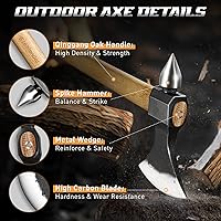 Vista 4 de Freelander Hacha de lanzamiento con mango de roble, hoja de acero de alto carbono y cuña metálica, hacha al aire libre con martillo de punta