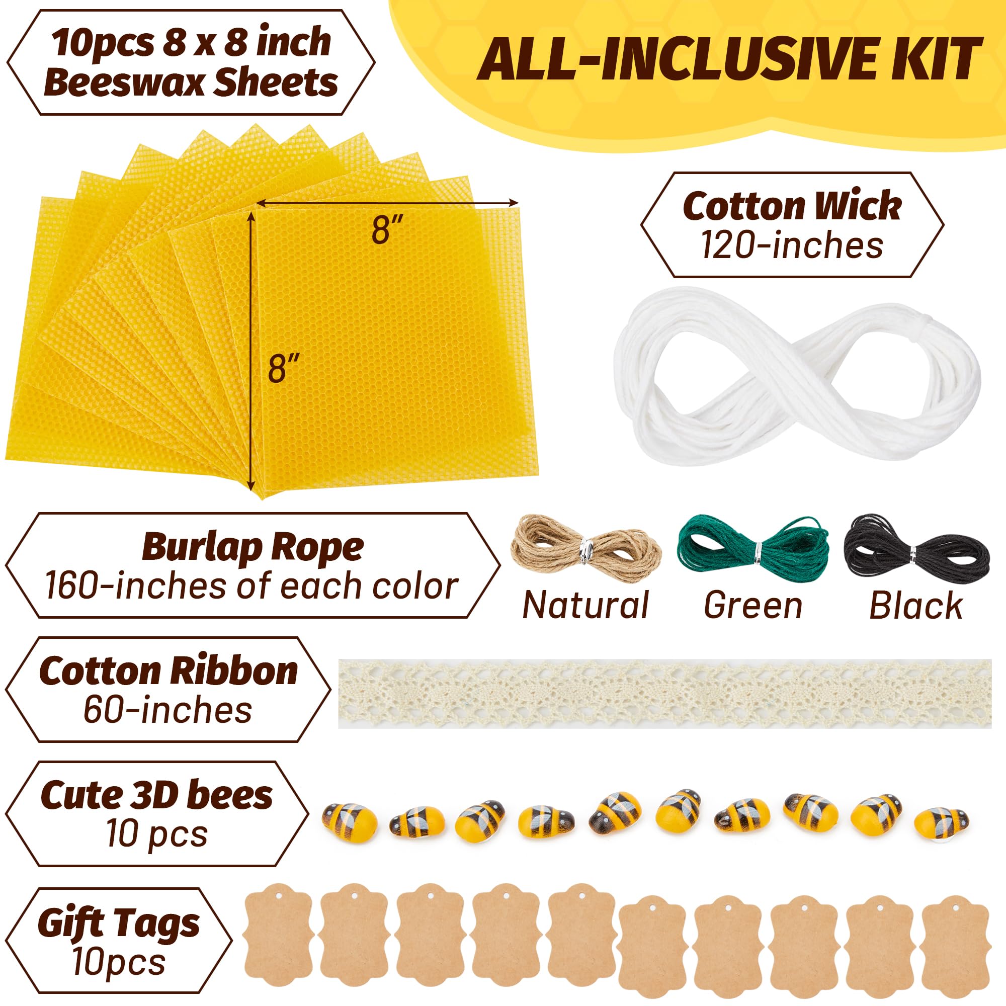 HASSLICKIT Natural Beeswax Candle Making Kit for Kids and Adults-12 Beeswax Sheets for Candle Making Rolling DIY Kits (Natural Yellow Color, 8 x 8 inch) - Image 2