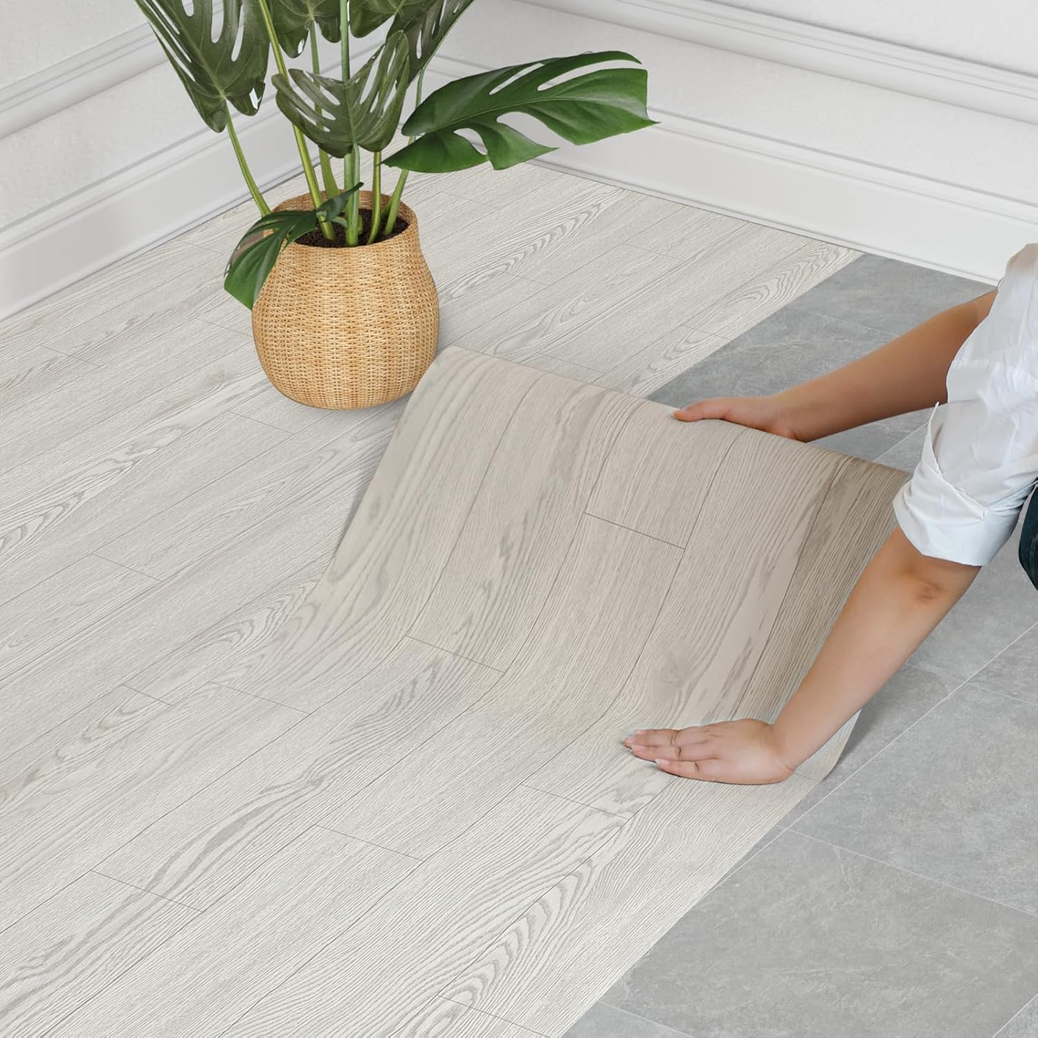 WIFEA Self Adhesive Vinyl Flooring Roll 23.6"x 393"/64 Sq.Ft Wood Grain Peel Stick Floor Tiles, Wear-Resistant and Waterproof Vinyl Plank Flooring for Bedroom Living Room Office Balcony RV White Grey 23.6"Wx 393"L (64 Sq.Ft) White-Grey Wood