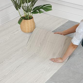 WIFEA Self Adhesive Vinyl Flooring Roll 23.6"x 118"/19 Sq.Ft Wood Grain Peel Stick Floor Tiles, Wear-Resistant and Waterproof Vinyl Plank Flooring for Bedroom Living Room Office Balcony RV White Grey