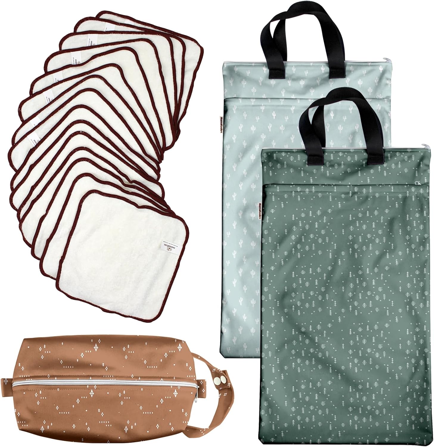 Mama Koala 2 Pack Waterproof Hanging Wet Bags, with 15 Pack Washable cloth diaper wipes & 1ps of Waterproof pod