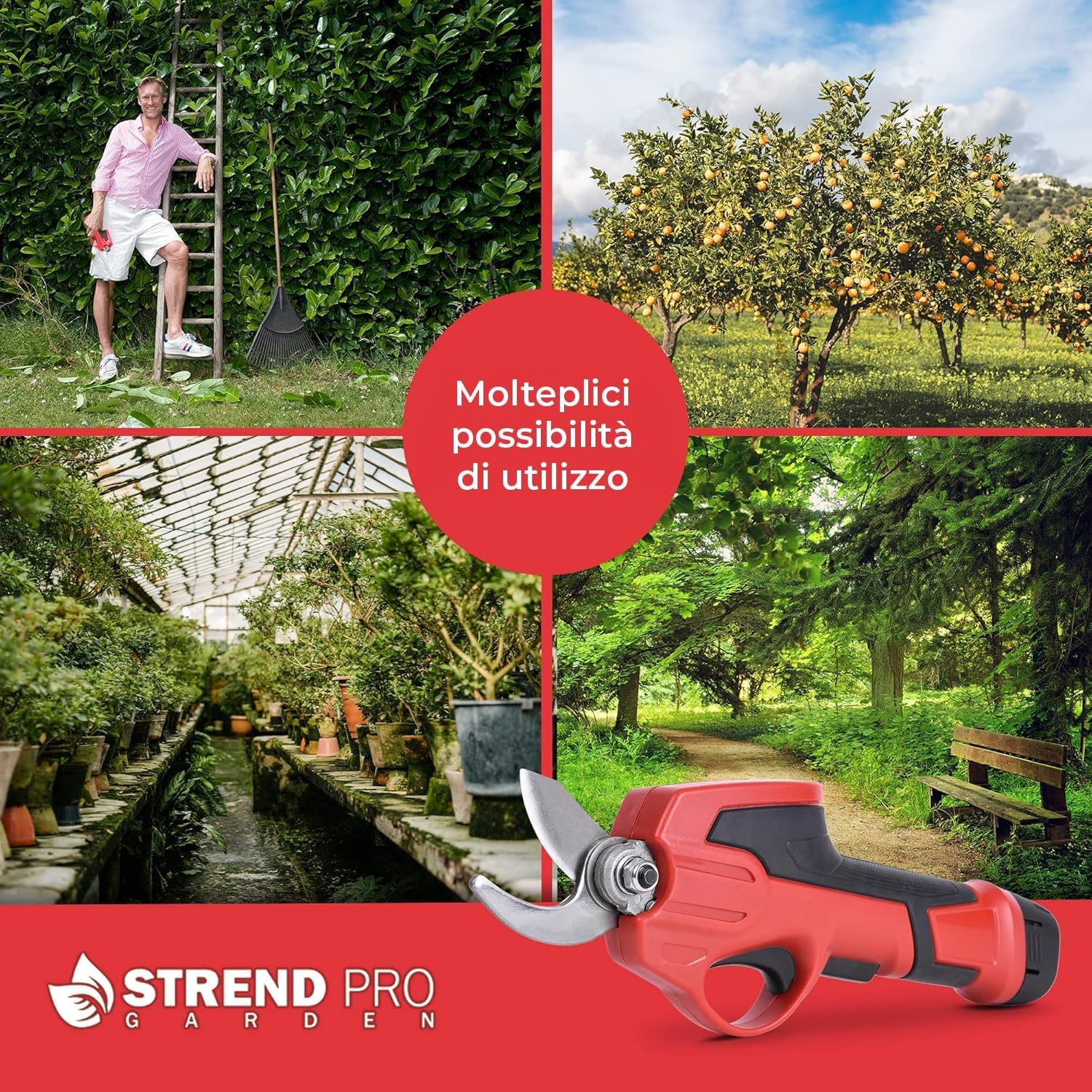 STREND PRO Forbici Potatura a Batteria Telescopiche, Cesoie per Alberi e Giardini, Max. 22 mm, Asta Telescopica 170 cm, 7.2V, Rosse