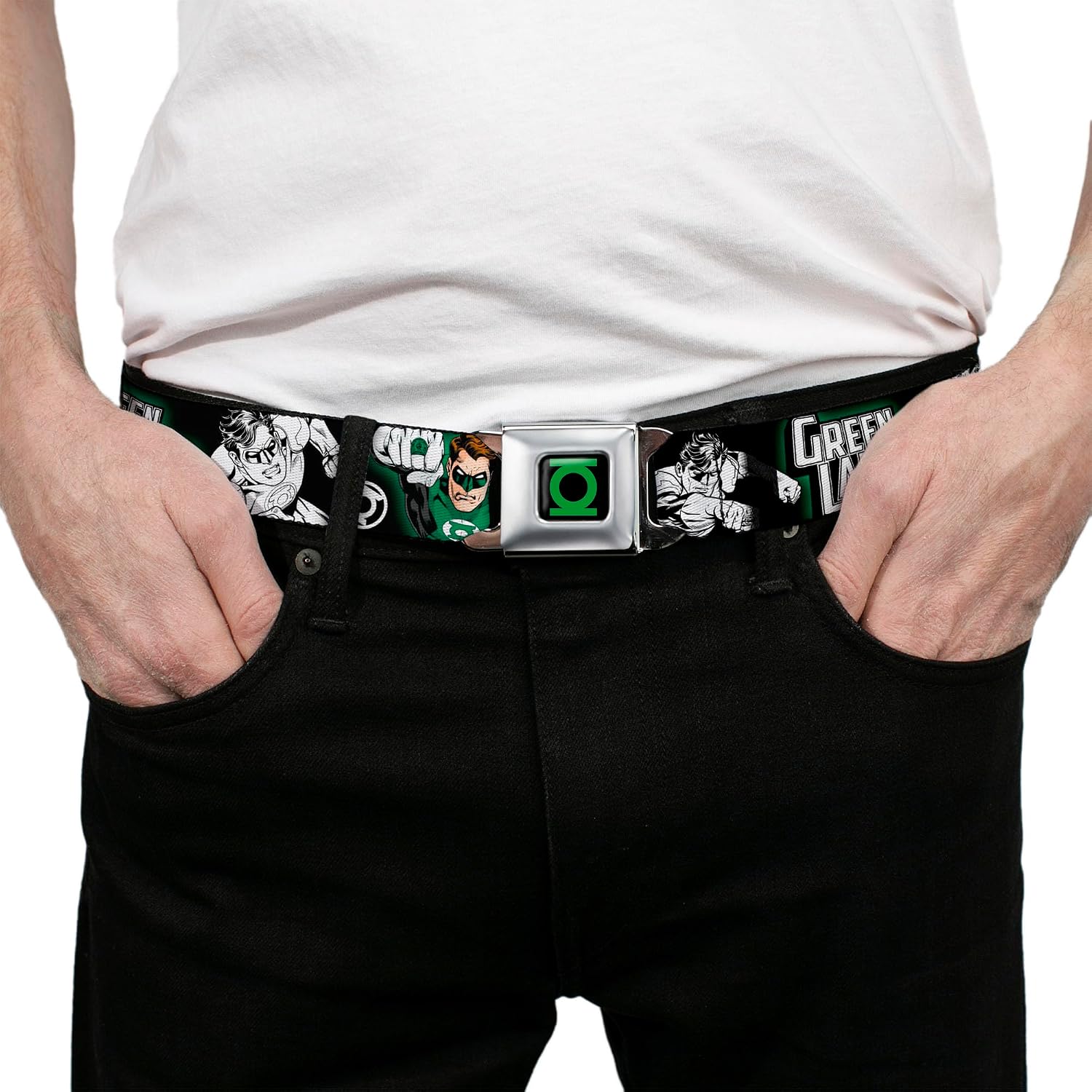 Buckle-Down Seatbelt Belt - GREEN LANTERN Action Poses Black/White/Green