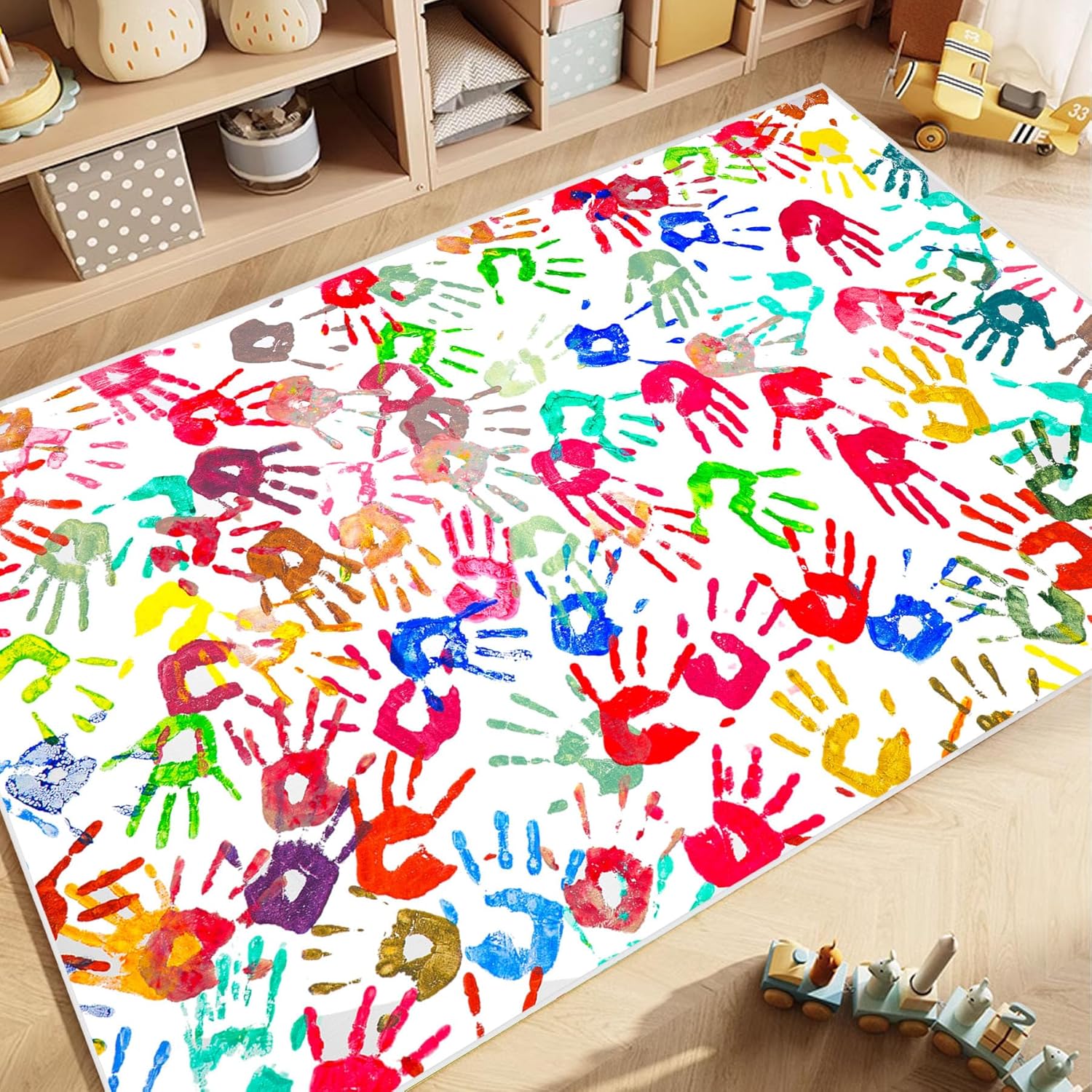 Colorful Handprints Kids Area Rug, Washable Nursery Rug for