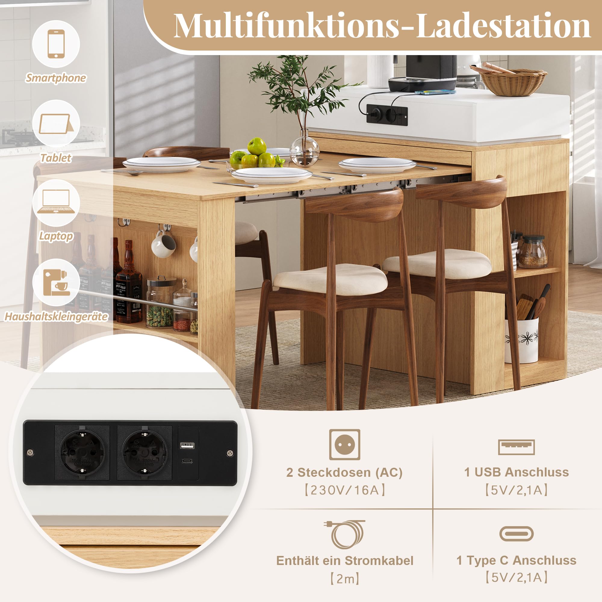 Îlot Central Cuisine avec Rangement, Table Extensible et Prises, Meuble Îlot de Cuisine avec Portes en Verre et Plan de Travail