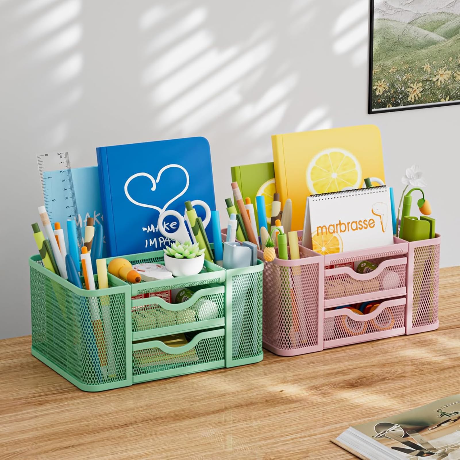 Marbrasse Organizer Scrivania,Portapenne Scrivania a Rete Vassoio Portacarte 3 Scomparti con Maniglia Organizzatore Scrivania, Portapenne Scrivania per File A4, Portapenne per Casa Ufficio (Verde)