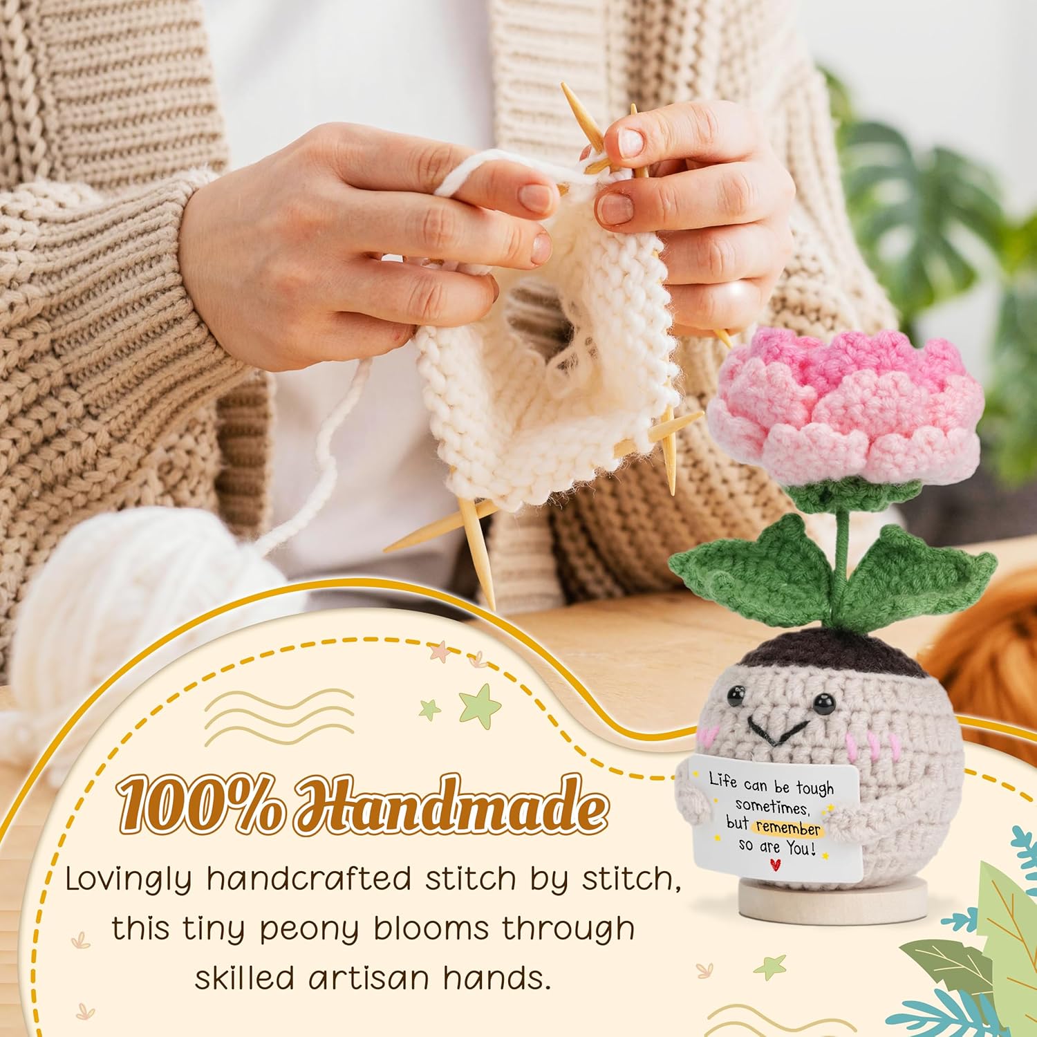 HEXMOZ Get Well Gifts for Women - Encouragement, Feel Better Soon, Cheer Up, Wellness, Inspirational, Christmas Ideas - Emotional Support Handmade Collectible Peony Doll Life is Tough - Desk Decor - Image 4