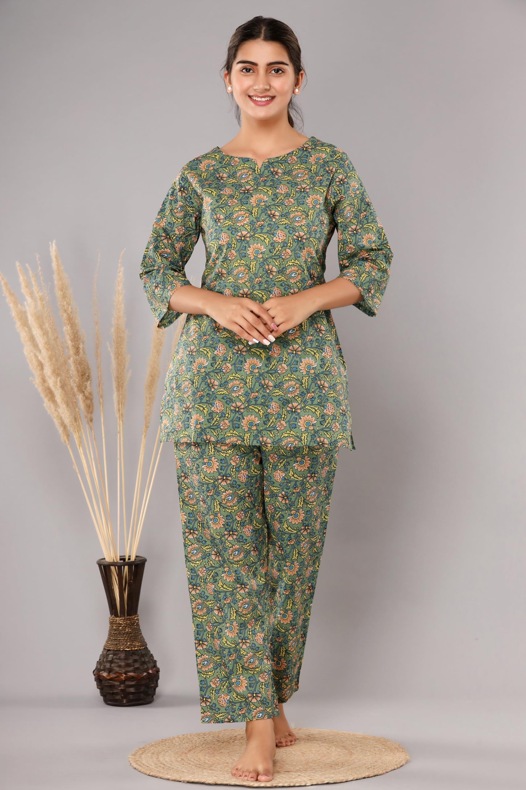 Women Printed 1 top, 1 pyjama Cotton KC316 Green 2 Night Suit Set-picture-21