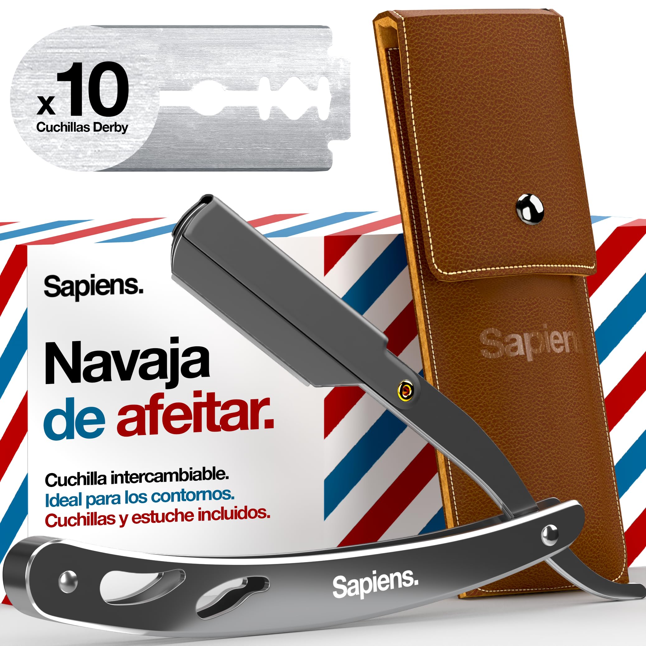 Sapiens Barbershop Navaja de Afeitar Hombre - Navaja de Barbero para Barba + 20 Medias Cuchillas de Afeitar Derby + Funda Protectora - Cuchilla de Afeitar Hombre