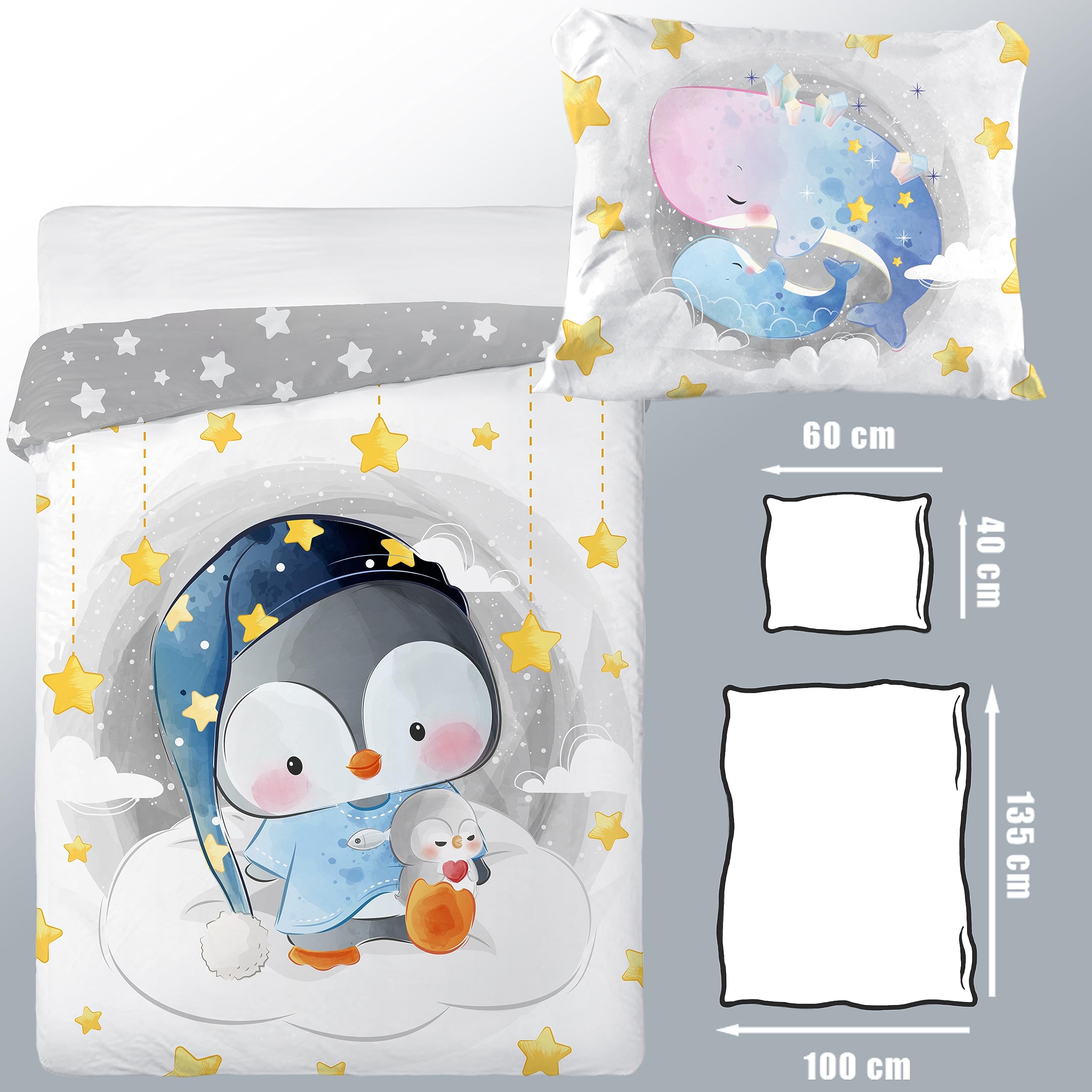 Kinderbettwäsche 100x135 cm | Baby Bettwäsche aus 100% Baumwolle – weich, atmungsaktiv und hautfreundlich | Bettwäsche Kinder für ruhigen Schlaf | Babybettwäsche mit Wendemotiv | Pinguin 006