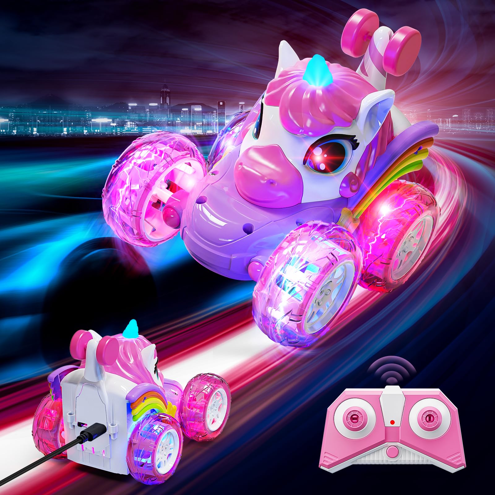 Hot Bee Remote Control Cars, Toy Cars for Kids Age 3 4 5 6, RC Stunt Car with LED Light, Unicorn Gifts for Girls, Unicorn Toys for 2 3 4 5 6 Year Old GirlsGlobal Recycled StandardGlobal Recycled StandardGlobal Recycled Standard