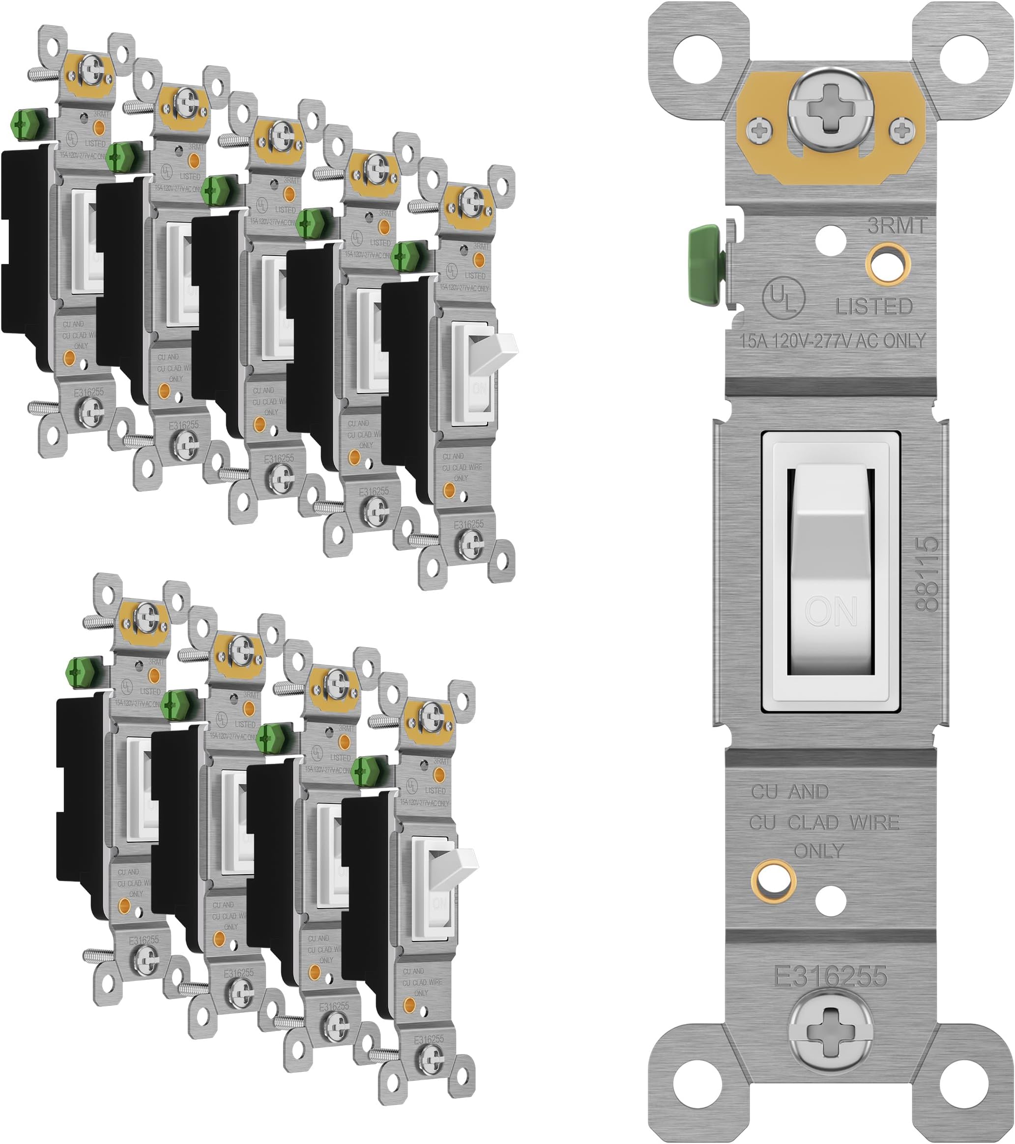 ENERLITES Toggle Light Switch, Single Pole, 15A 120-277V, Grounding Screw, Residential Grade, UL Listed, 88115-W-10PCS, White (10 Pack), 10 Count