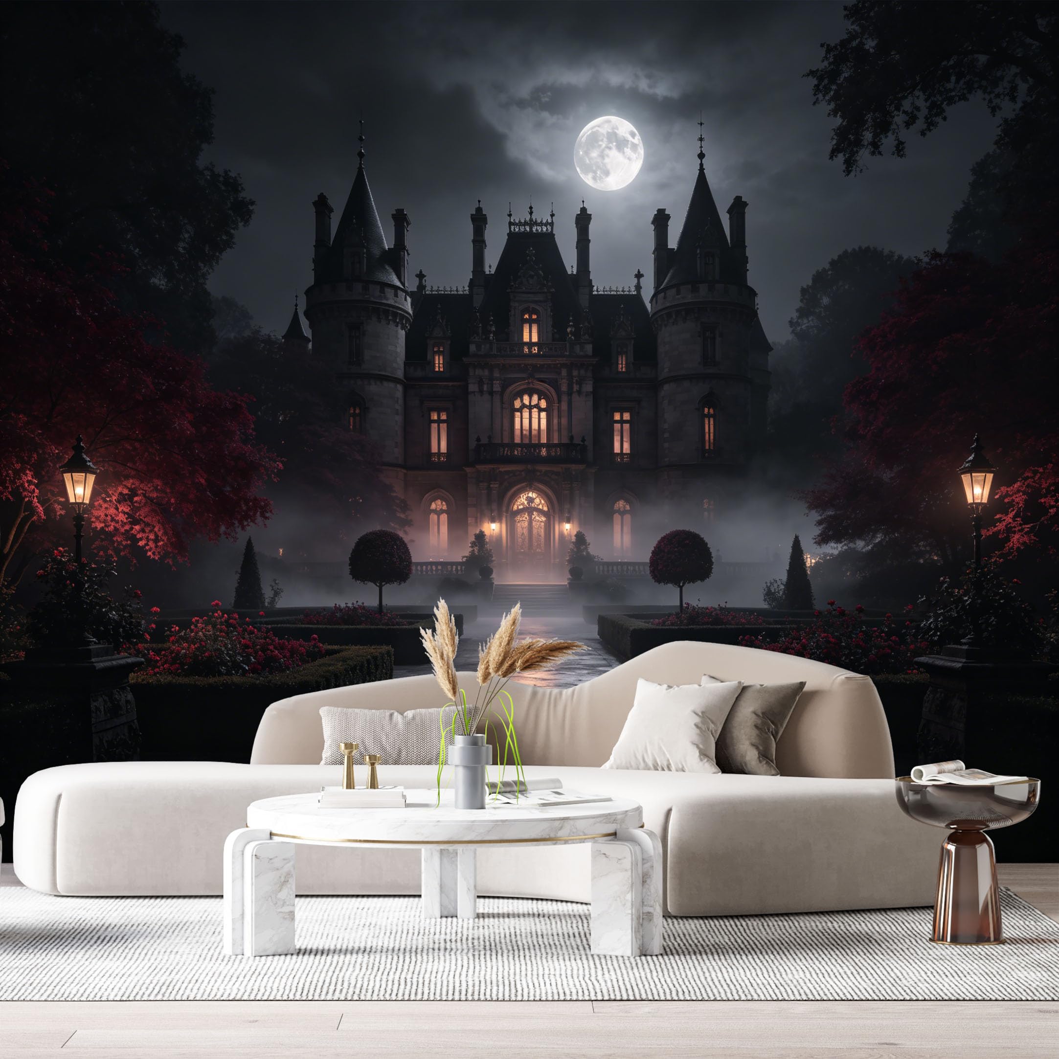 Custom Size Wall Murals Moonlit Castle Neoclassical Garden Path Misty Night Landscape SelfAdhesive Wall Fabric Removable Large Wallpaper for Photo Living Room