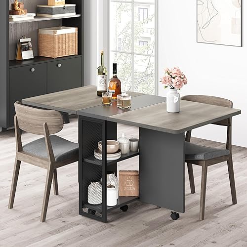 Alkmaar Mesa de comedor plegable con hojas caídas y 2 estantes de almacenamiento, ideal para espacios pequeños, extensión plegable versátil, mesa de