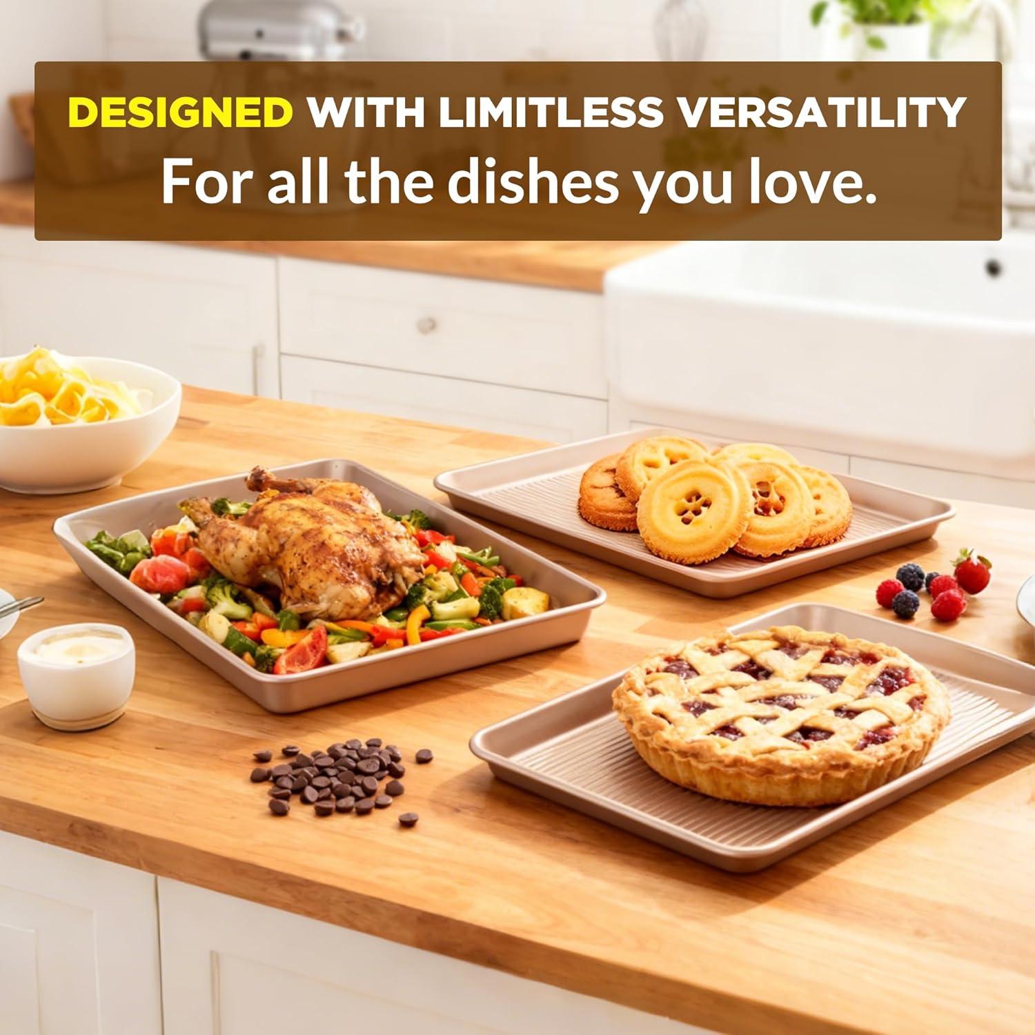 Saker nonstick baking sheet pan set,EvenHeat Baking Sheets Set of 2, Non-Stick Cookie Pan for Perfect Baking Results, Oven Safe Carbon Steel Bakeware (Champagne Gold)