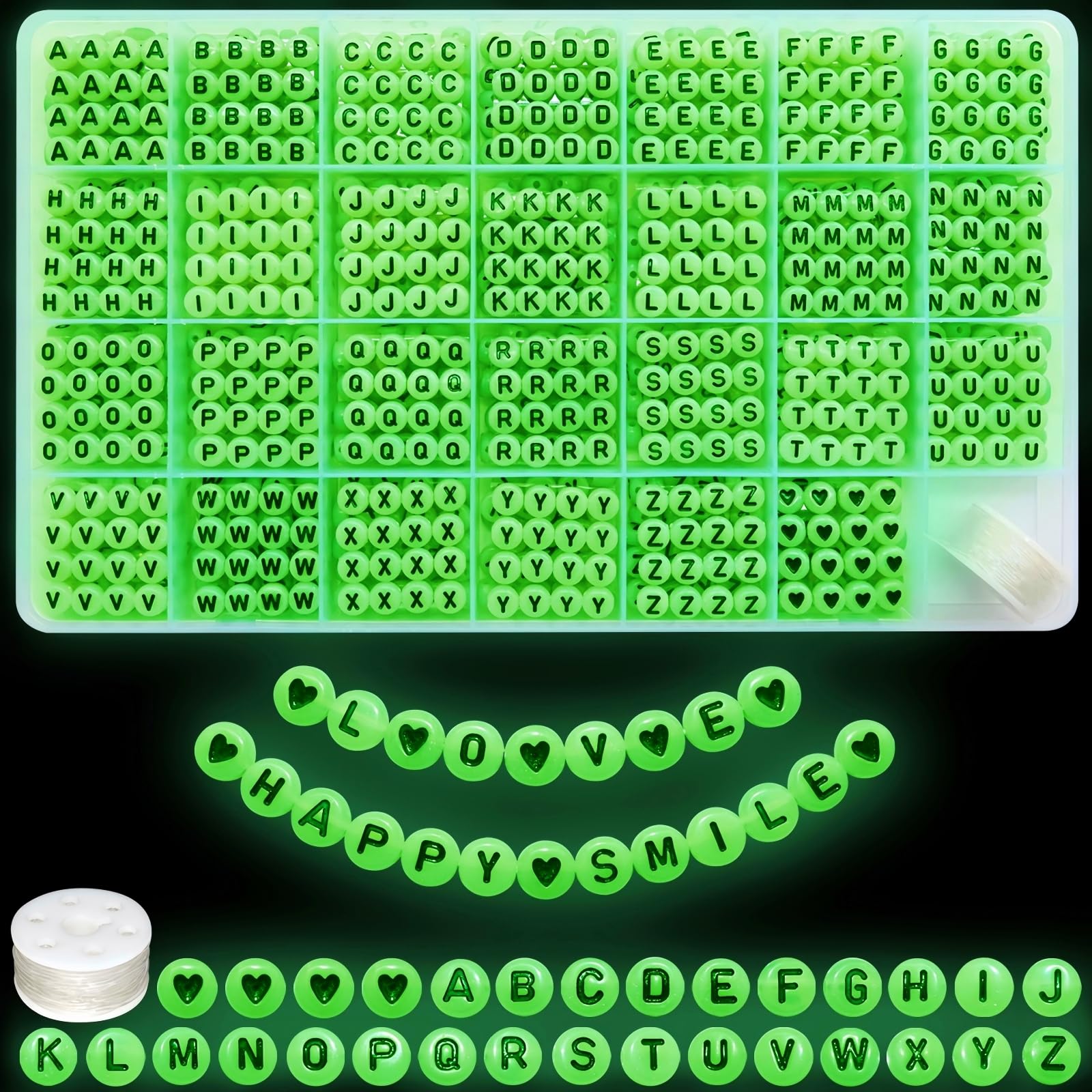 Amaney 1400pcs Letter Beads,Heart Beads Glow in The Dark 4x7mm A-Z Round Acrylic White Alphabet with Elastic Beading Cord for Jewelry Bracelet Making