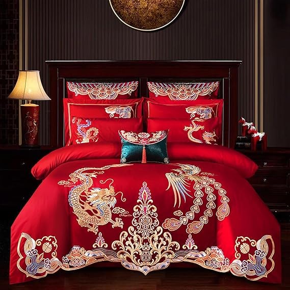 KIRYU Chinese Traditional Red Bed Sheet Wedding Bedding Sets Asian Dragon and Phoenix Bird Embroidery Duvet Cover Set Luxury Bedroom Decoration (E, Queen)