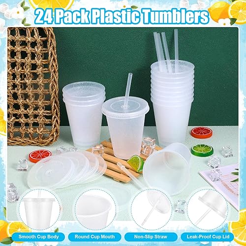 Vista 16 de 24 vasos de plástico con tapas y pajitas, vasos reutilizables con tapas, vasos coloridos de plástico para fiestas de cumpleaños, taza de café