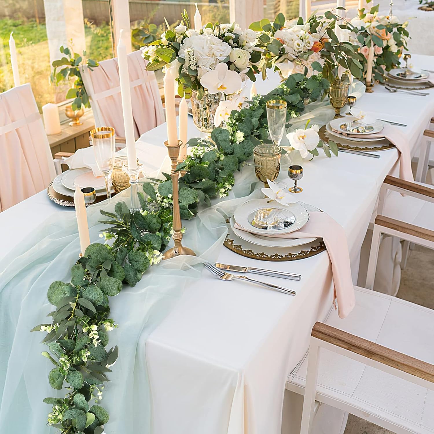 TOCHGREEN 5.9FT Eucalyptus Garland Artificial Vines Fake Greenery Garland with Gypsophila and Willow Leaves Faux Hanging Plants for Wedding Home Party Table Wall Decor (2pcs) - Image 2