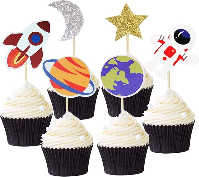 i-QiQi 12 PCS Outer Space Cupcake Toppers Planet Party Supplies Birthday Decorations Rocket Astronaut Cupcake Decoration Outer Space Spaceship Themed Kids Children Party Supplies