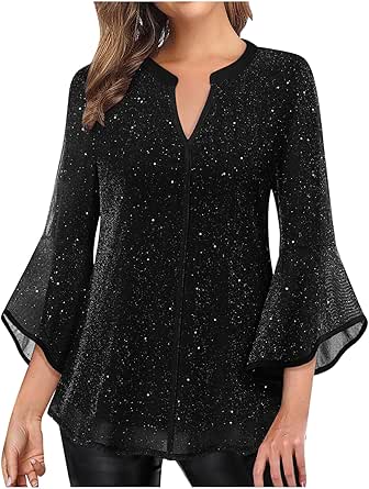 Womens Sparkly Dressy Tops 3/4 Sleeve Casual Elegant Holiday Party