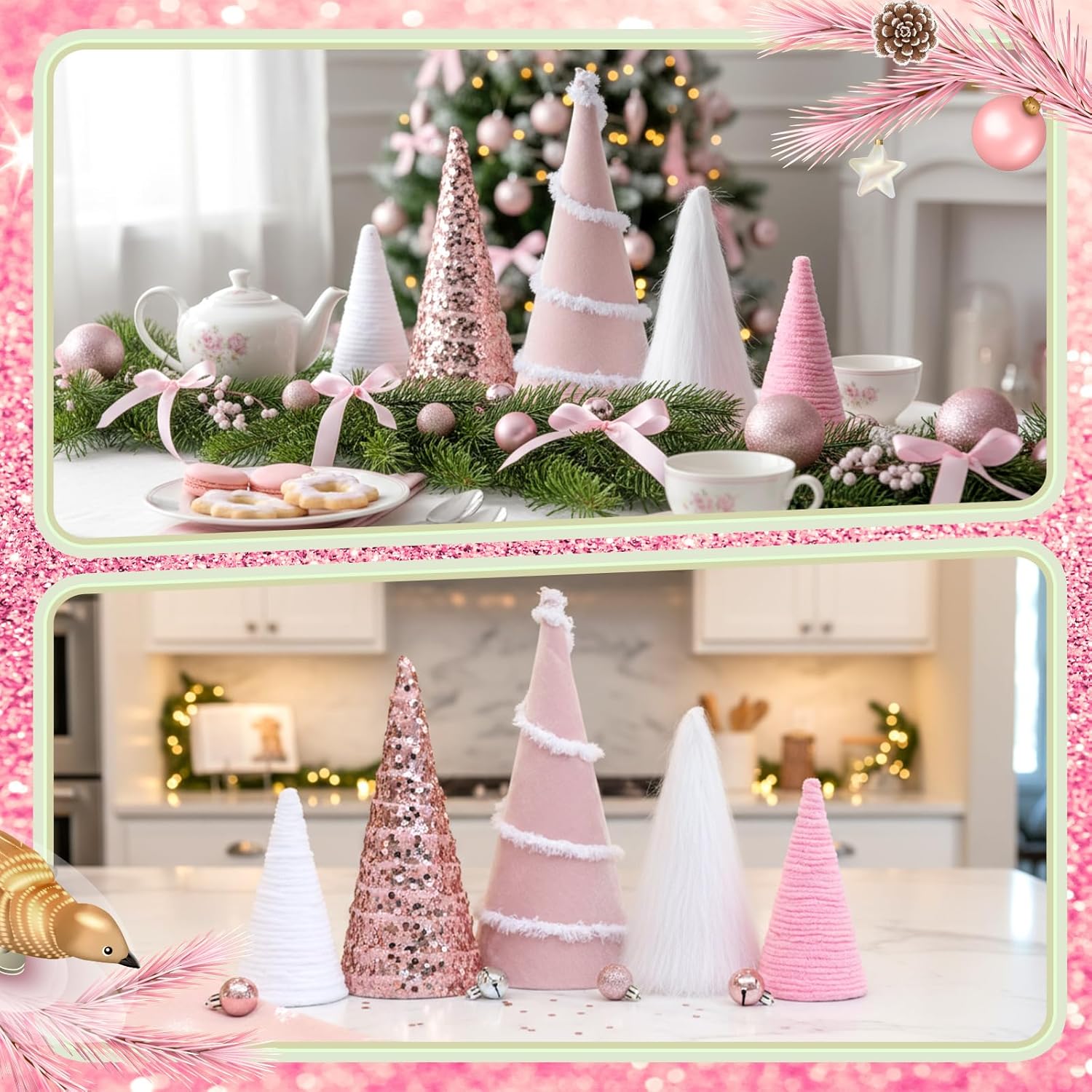 Marsui Set of 6 Valentine's Day Table Decor Pink White Cone Valentine's Day Trees with Velvet Glitter Sequins Plush Fur and Swirl Surface Modern Tabletop Centerpiece for Home Xmas Winter Holiday Decor - Image 4