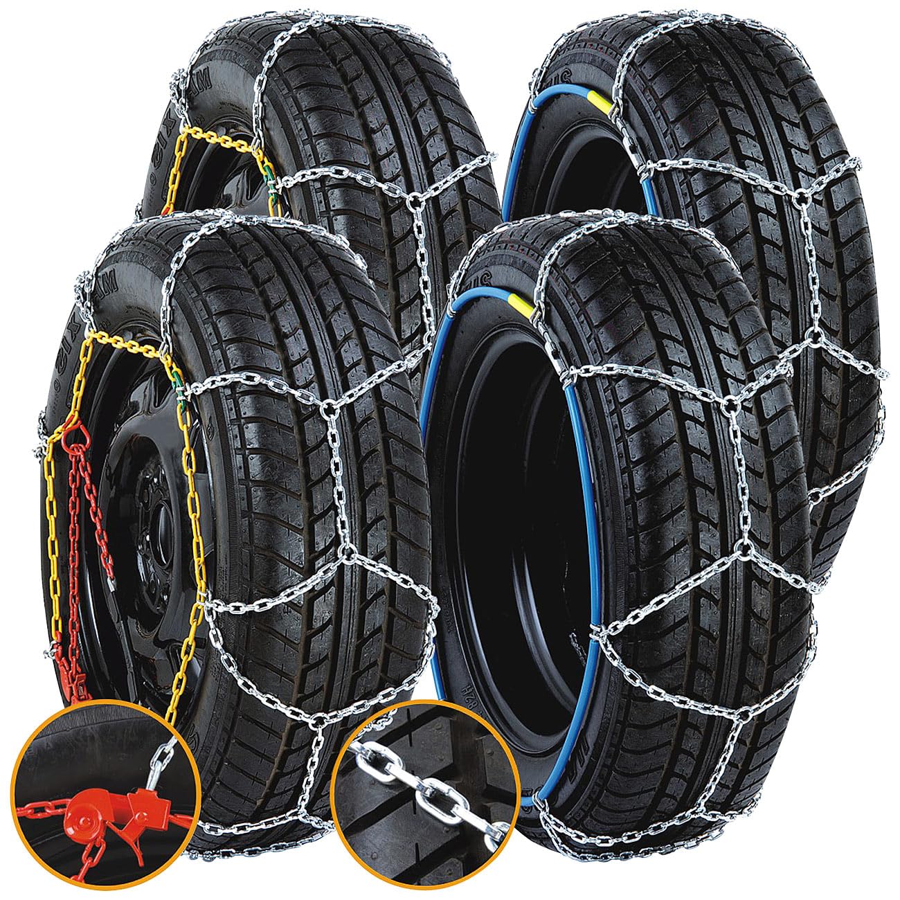 Lescars łańcuch śniegowy do samochodu: Zestaw 2 szt. Łańcuchy śniegowe, Rozmiar XXL dla opon 225/55 R19 i nie tylko, 9 mm szerokości ogniw łańcucha (samochodowy system wspomagania startu)