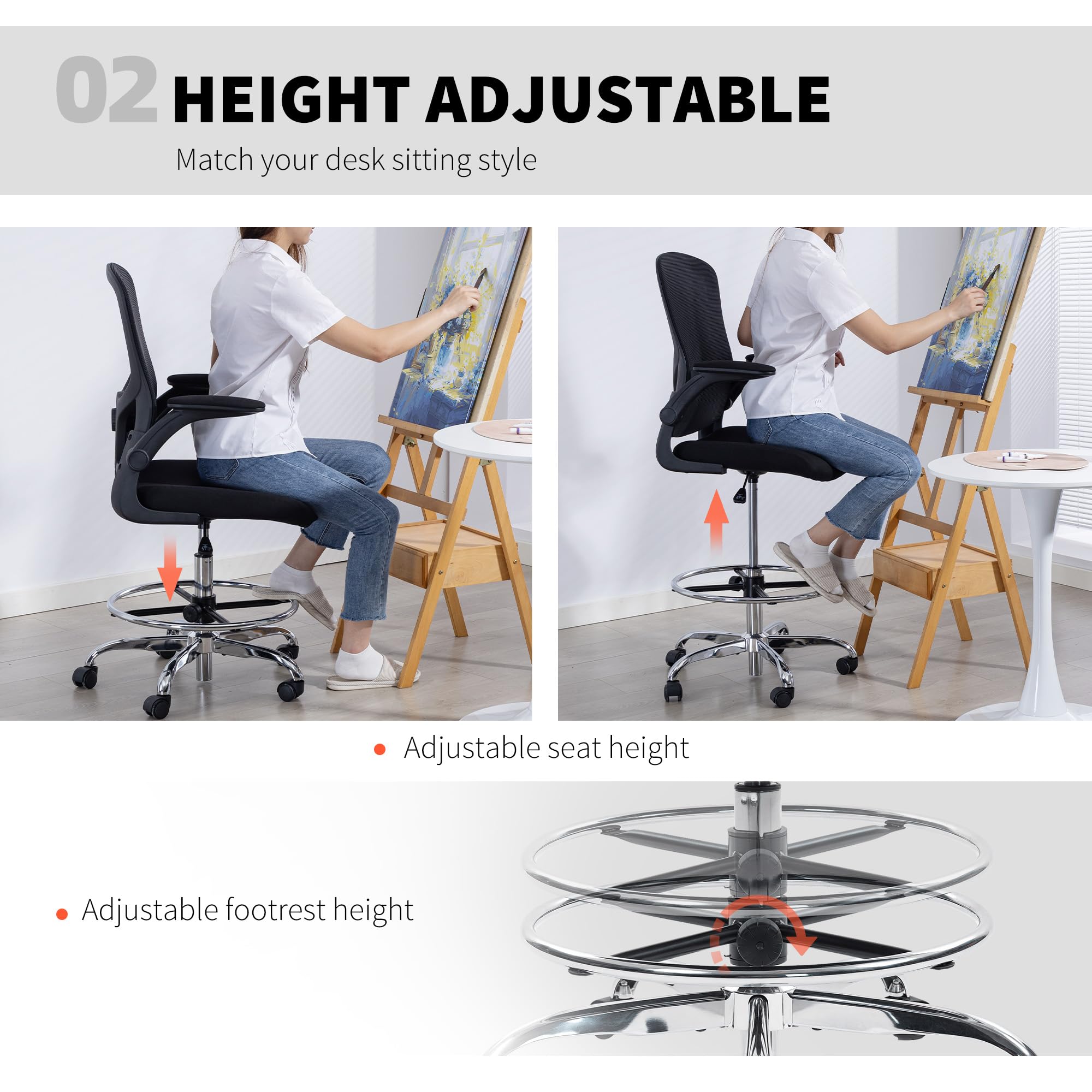 HOMCOM Drafting Chair with 4D Lumbar Support, Ergonomic Mesh Tall Office Chair with Flip-up Armrests and Adjustable Footrest, 360 Degree Swivel Task Stool for Standing Desk, Home Office, Black