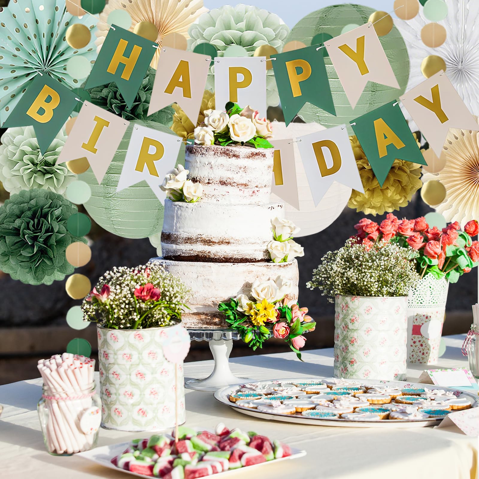 Verde salvia, decorazione di compleanno, decorazioni per feste di compleanno, verde salvia, verde salvia, verde salvia, carta velina, oro, pom poms, sacchetti di carta velina d'oliva, per decorazioni