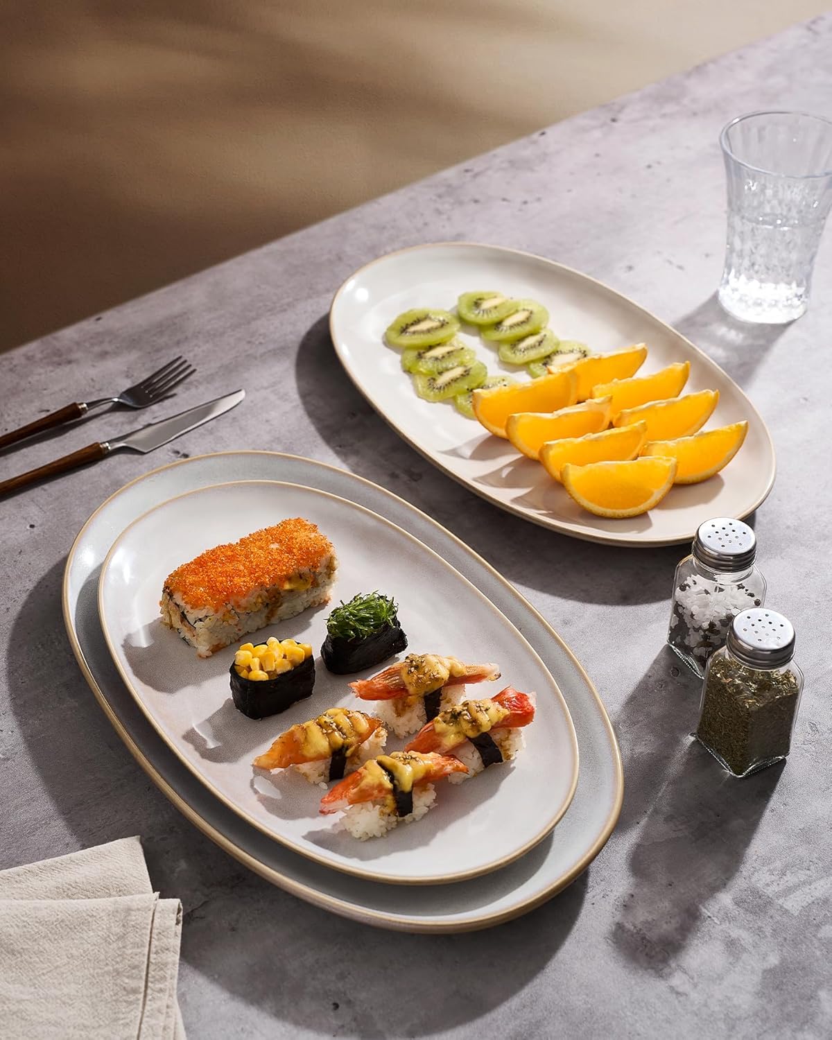 famiware Serving Platter, Oval 15.59/14.3/12.9 inch Serving Dishes for Entertaining, Serving Bowls, Microwave Safe, Stonware Serving Trays for Party, Turkey, Cheese, Ocean Series, Cappuccino White - Image 4