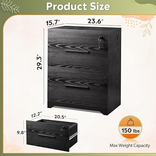 Miniatura 3 de DEVAISE Archivador lateral de madera de 2 cajones con cerradura para oficina y hogar, color negro