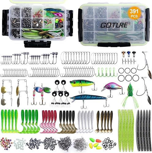 Goture Kit de accesorios de 391 piezas de señuelos de pesca con caja de aparejos  Kit de accesorios de pesca, ganchos Minnow Crankbait Rana Popper