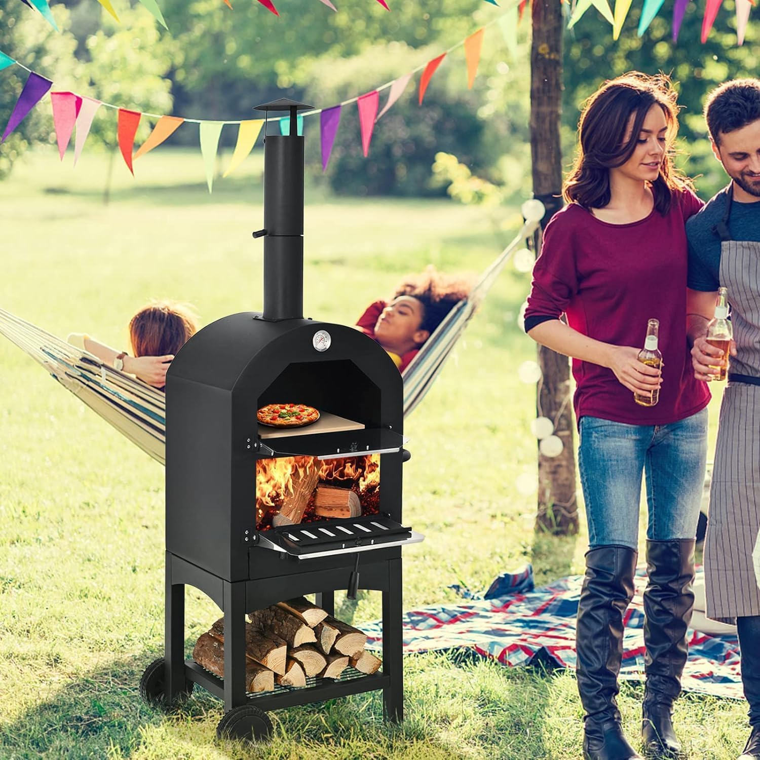 GOPLUS Horno de Pizza al Aire Libre con 31cm de Piedra y Termómetro Doble, Horno para Pizza con 2 Ruedas y Funda Impermeable, Calentador de Pizza con Mango Ergonómico para Picnic, Hasta 350ºC