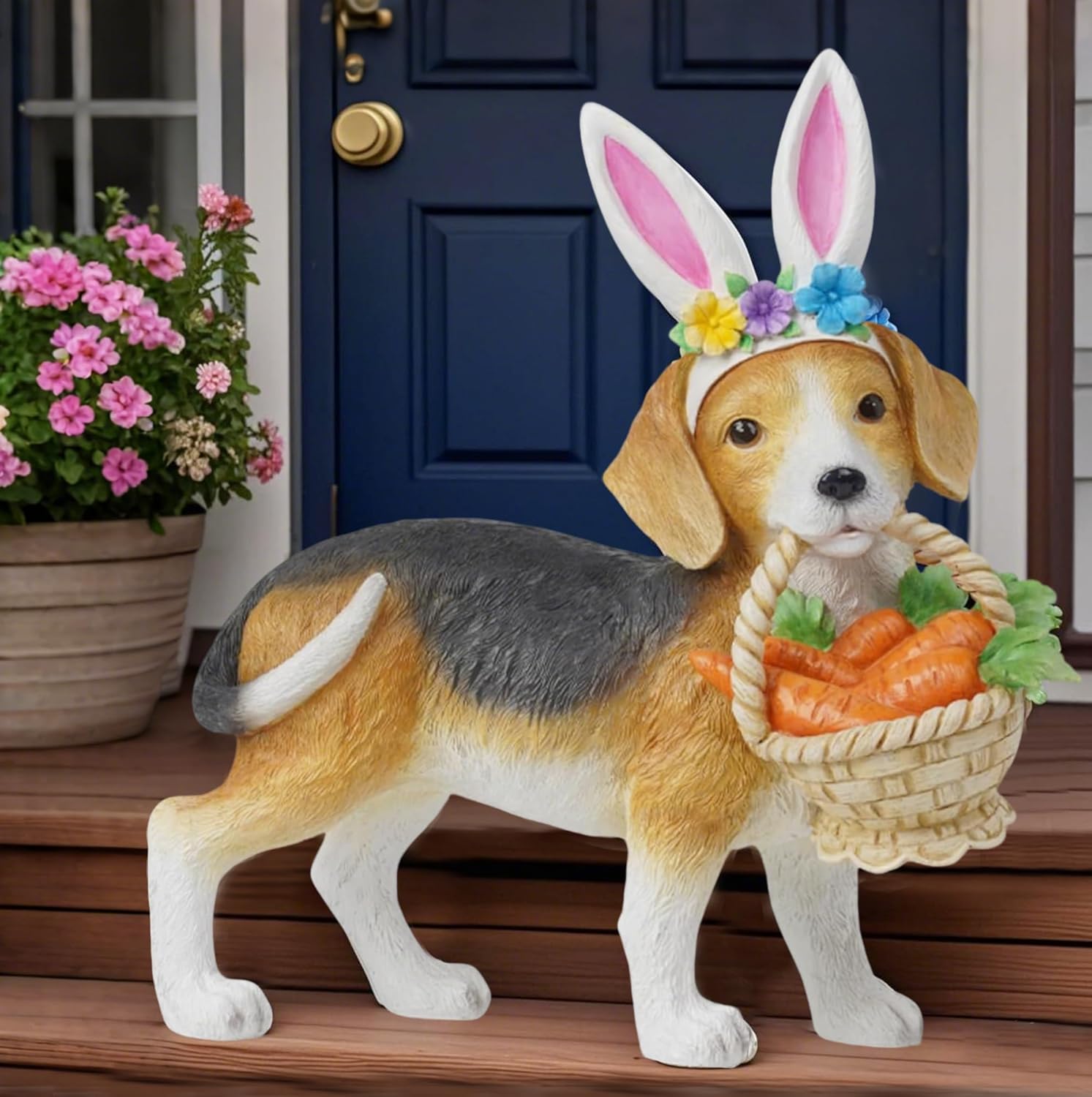 Easter Beagle Garden Statue with Bunny Ears and Sunflower Stepping Stone Outdoor Decor