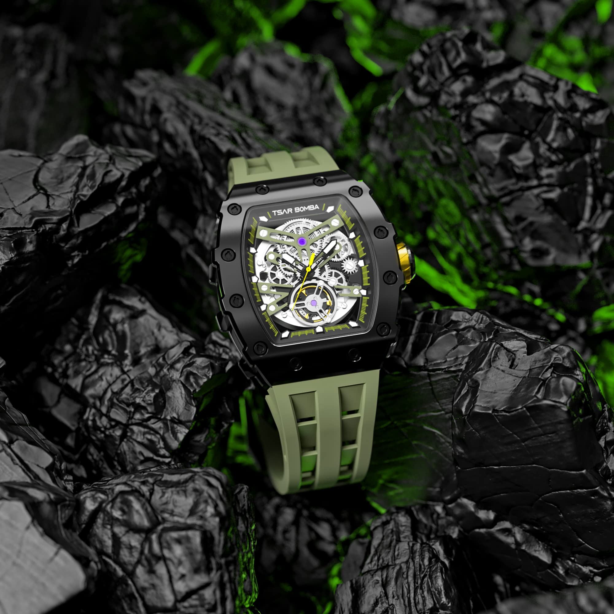 TSAR BOMBA Lujo Reloj Hombre Silicona Tonneau Automático Japonés Relojes de Pulsera para Hombre Esqueleto 50M Impermeable Cristal de Zafiro Luminoso Clásico Regalo para Hombres