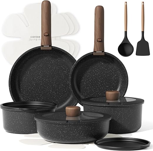 CAROTE 17pcs Pots and Pans Non Stick, Cookware Sets Detachable Handle, Induction Kitchen Pots and Pans,NonStick Cooking Set, Oven/Dishwasher/Fridge…