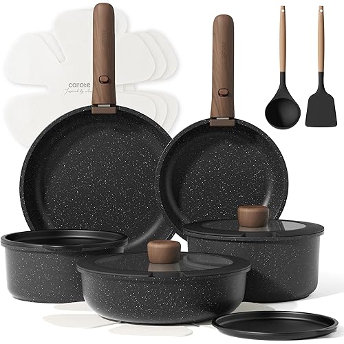 CAROTE 17pcs Pots and Pans Non Stick, Cookware Sets Detachable Handle, Induction Kitchen Pots and Pans,NonStick Cooking Set, Oven/Dishwasher/Fridge Safe, Space Saving