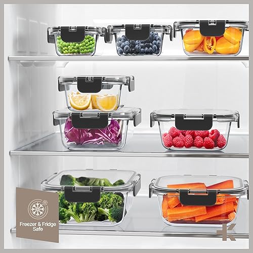 Miniatura 10 de Recipientes de almacenamiento de alimentos de vidrio de borosilicato negro con tapas, 16 piezas, grado alimenticio, apilables, sin BPA, recipientes