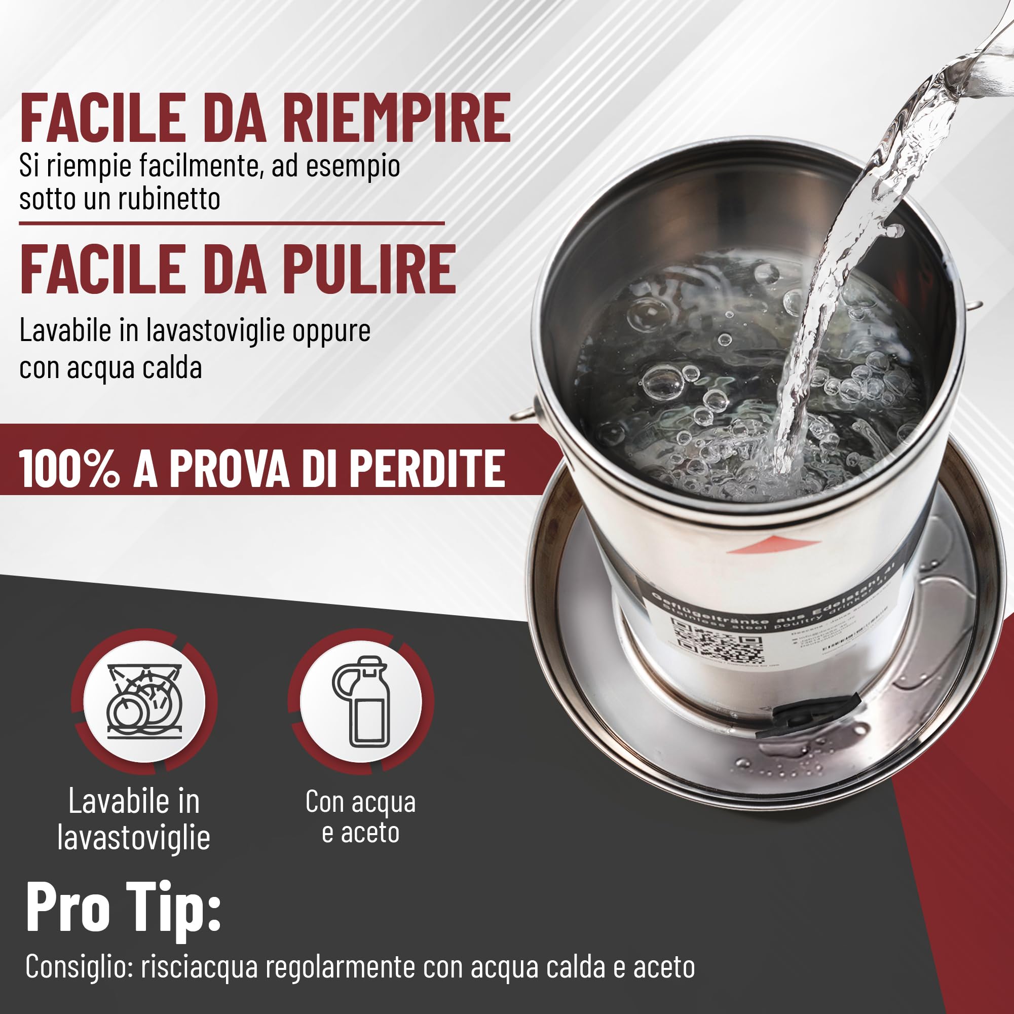 Abbeveratoio per Galline 4L in Acciaio Inox 304 (V2A) – Riempimento dall'alto, compatibile con riscaldatori e piastre riscaldanti, per pollaio
