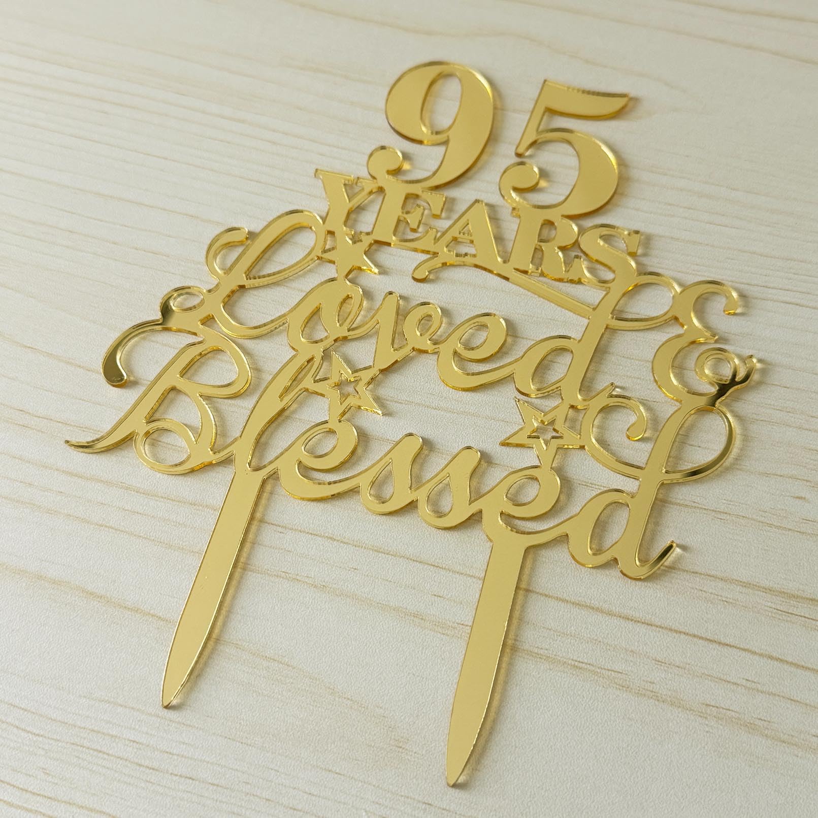 JIEEIN 95 Years Loved & Blessed Cake Topper - 95th Birthday, Wedding Anniversary Party Decorations - Mirror Gold Acrylic