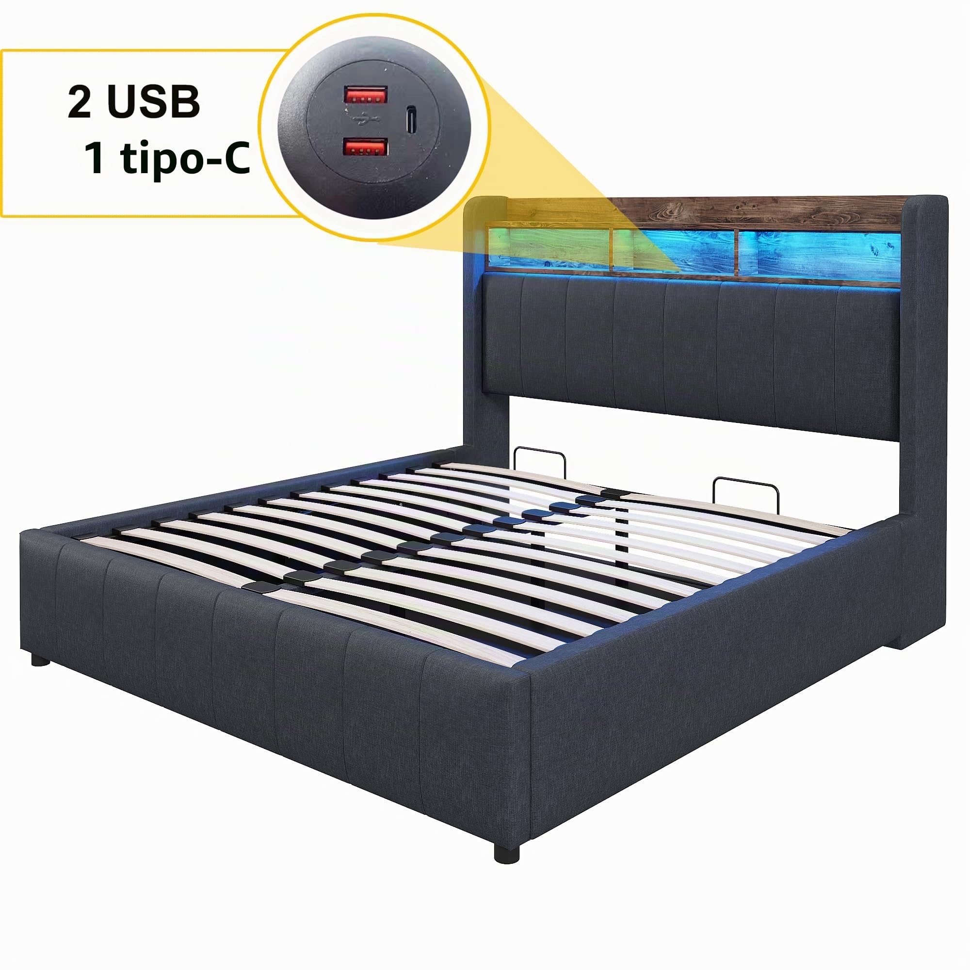 Ymkua Letto Imbottito Letto Matrimoniale 160x200 cm, Bed con LED Luce e USB-Port, Idraulica Struttura Bed frame con Contenitore Testata e Rete a Doghe in Legno, Lino, Grigio, Senza Materasso