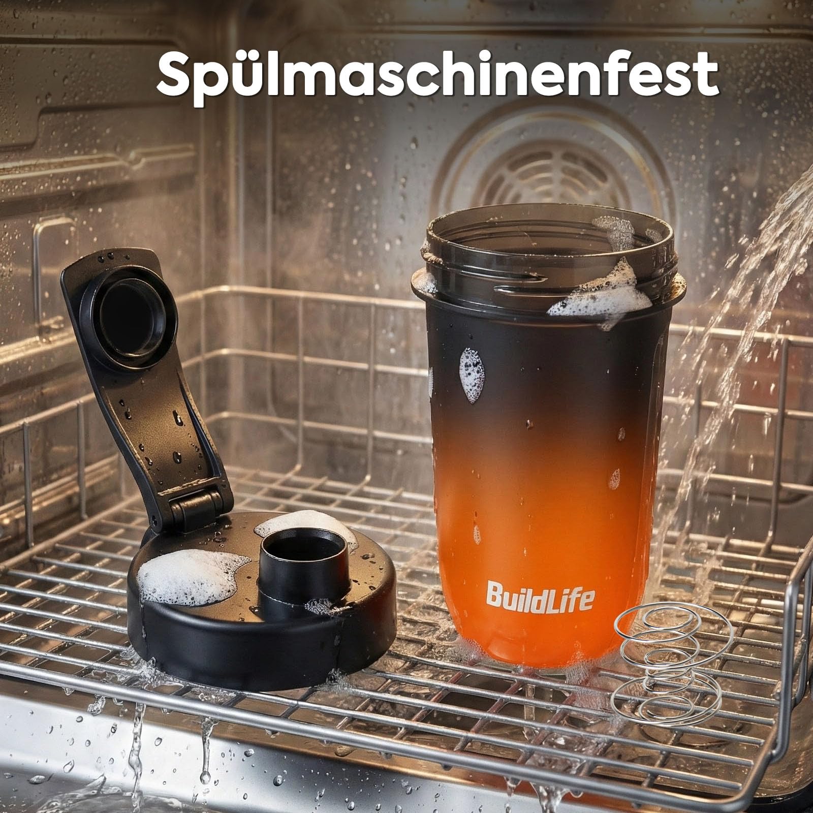 Shaker proteinowy 600 ml – szczelny, nie zawiera BPA, łatwe czyszczenie, tritan, mieszacz spiralny do kremowych szejków, nadaje się do mycia w zmywarce – shaker do białek premium (czarno-pomarańczowy)
