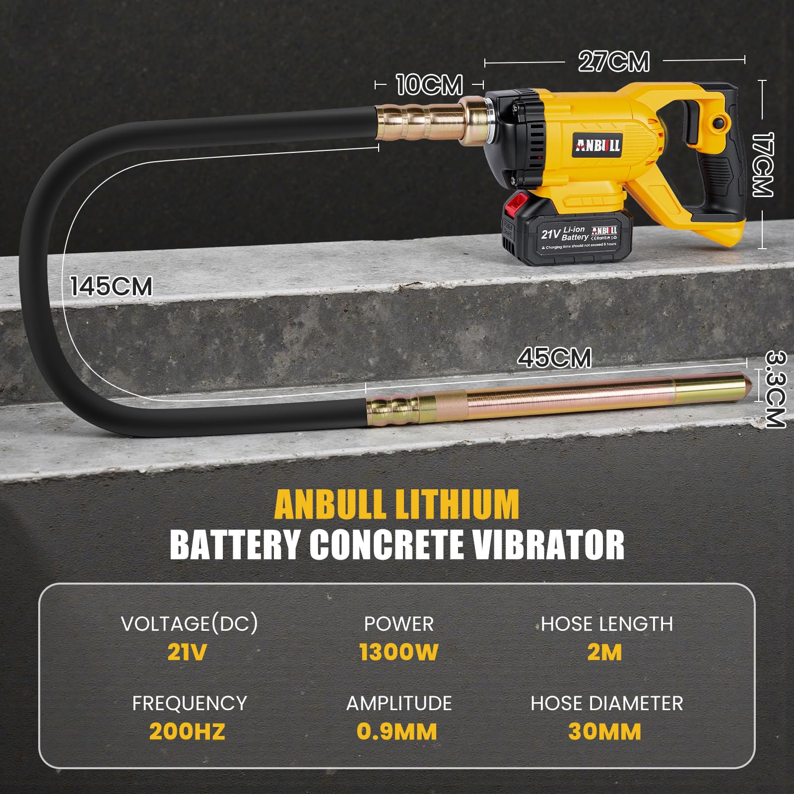 Anbull Vibreur Beton à Batterie 2 m, 21V Aiguille Vibrante Pour Beton 2 * 3000 mAh Batterie, Amplitude 0,9 mm, Vibreuse Beton, Concrete Vibrator