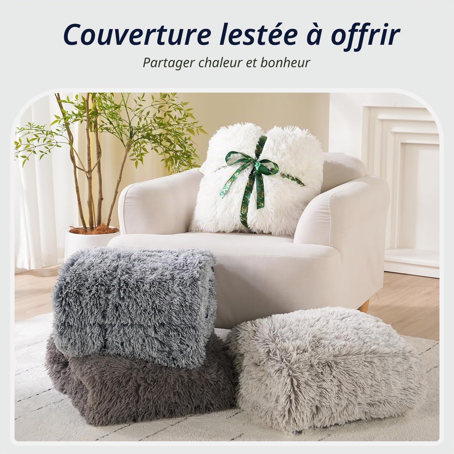 Wemore Couverture lestée à Poils Longs en Fausse Fourrure à Poils Longs, Confortable et Moelleuse pour Adulte, 6,8 kg, Couverture Lourde en Sherpa pour lit ou canapé, Blanc crème, 122 x 183 cm