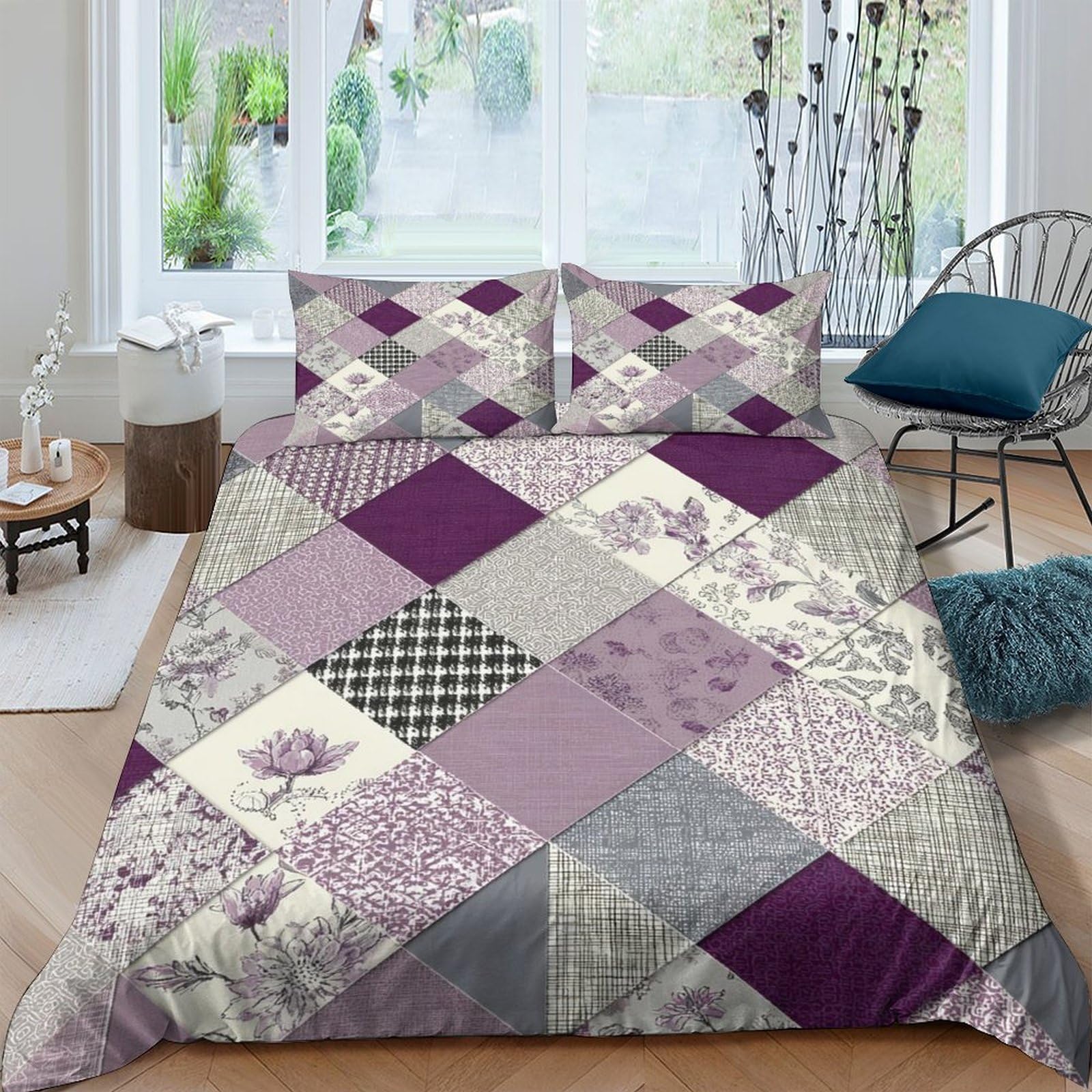 Ctjqhvkz Style-7 3D Printed Purple Patchwork Fitted Sheet Microfiber Soft Breathable Geometric Quilt Bed Sheet For Bedroom Guest Room Decor Single（135X200cm）