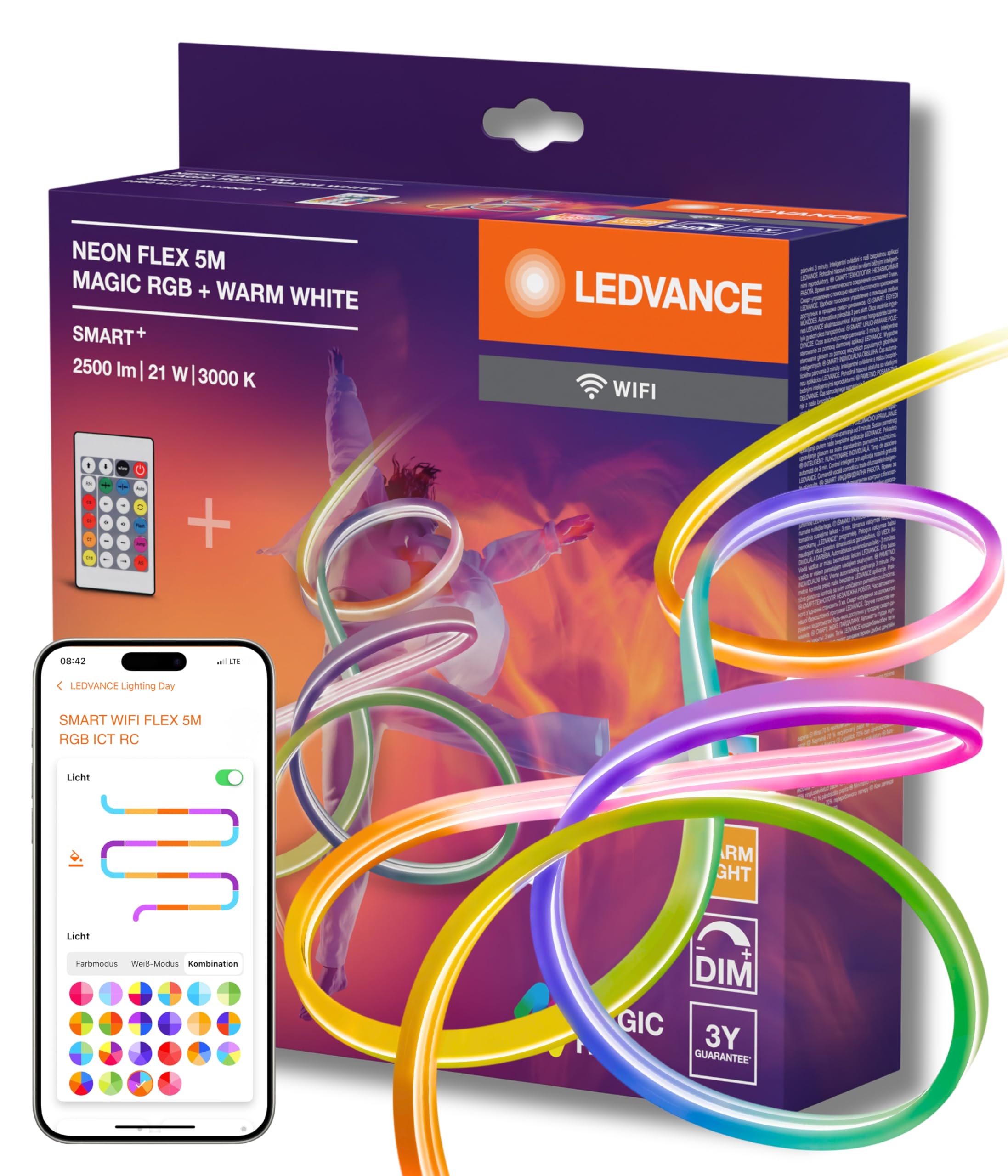 LEDVANCE SMART WIFI NEON FLEX bunte/weiße LED-Streifen für Außen mit WiFi-Technologie und homogener Lichtverteilung; MGC TW RC; nicht dimmbar; weiß; Silikon; 5 m; Leuchtmittel nicht austauschbar
