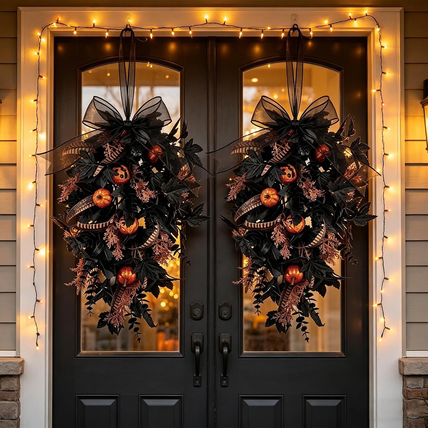 2 PCS 24'' Halloween Glitter Pumpkin Teardrop Swags for Front Door Artificial Halloween Black Maple Leaves Feather Hanging Swag for Kitchen Cabinet Home Wall Decor Party Outdoor Indoor Decor
