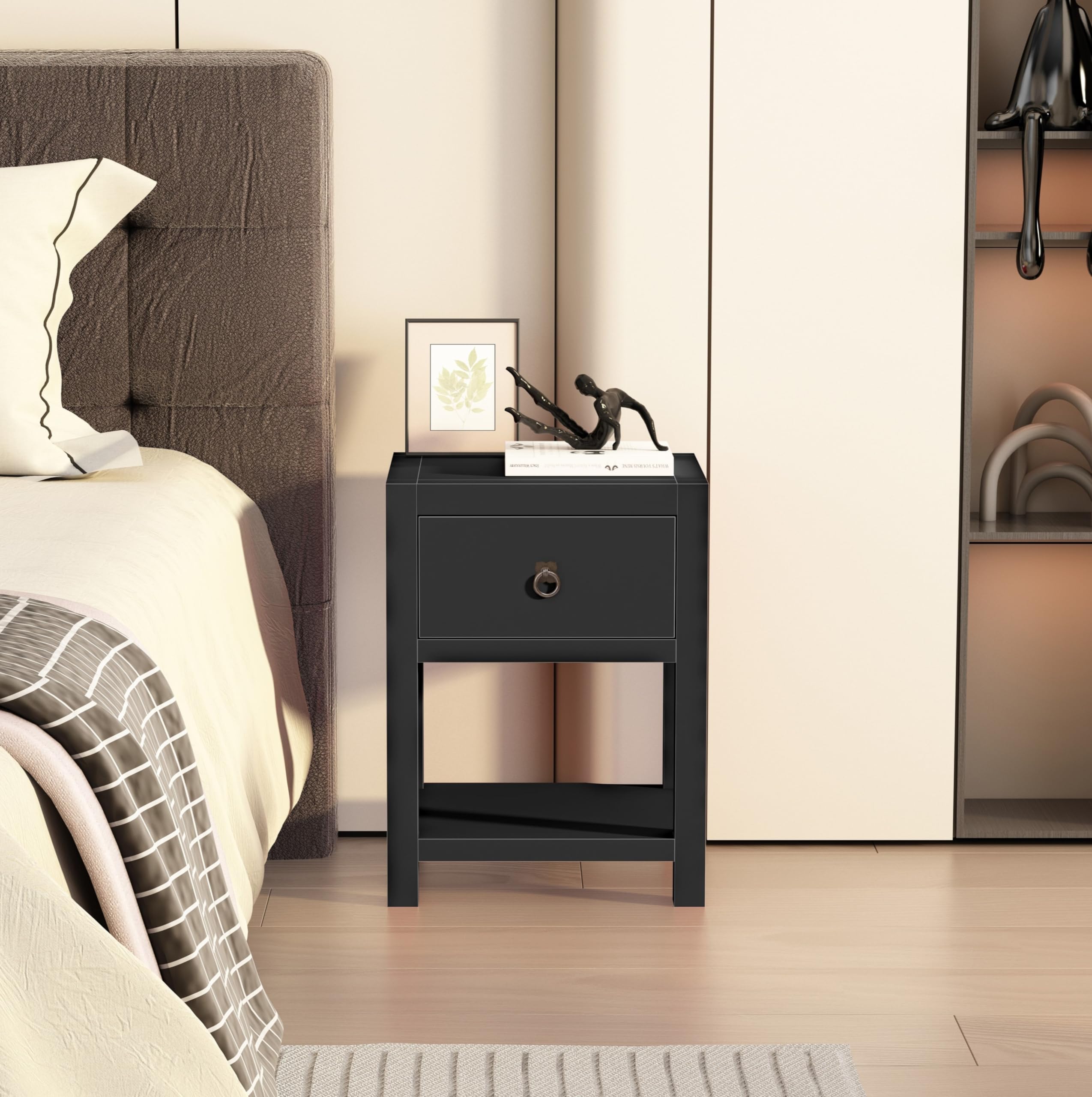 Cabinet Bits Bedside Table, Pine Wood, Black, One Size