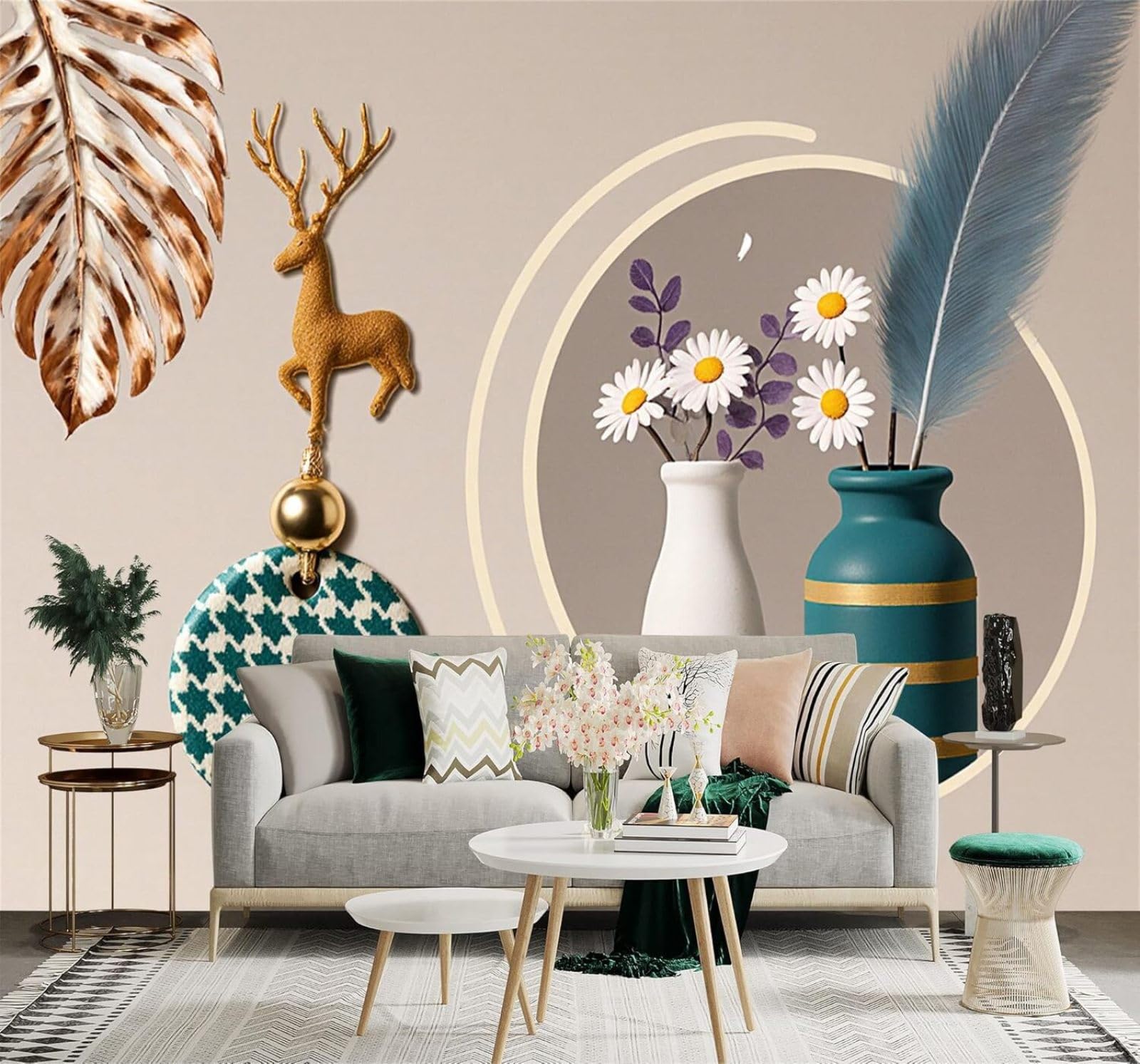 XLMING Creative Golden Deer Bouquet Vase Feathers 3D Wallpaper Premium Textured Silk Study Dining Living Room Bedroom Sofa TV Wall Easy Install-430cm×300cm